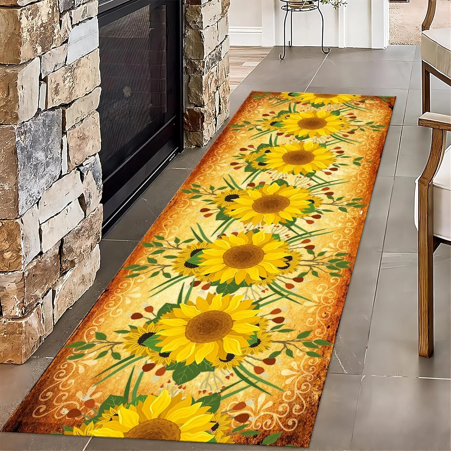 Vintage Sunflower Runner Rug Yellow Watercolor Bouquet Art Runner for Entryway, with Non Slip Backing Washable Area Rug