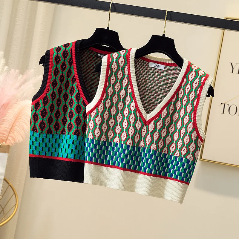 Vintage Knit Tank Tops Sleeveless Sweater Vest Women Patchwork V Neck Loose Oversized Pullover Vest 2023 Spring Warm Casual Tops