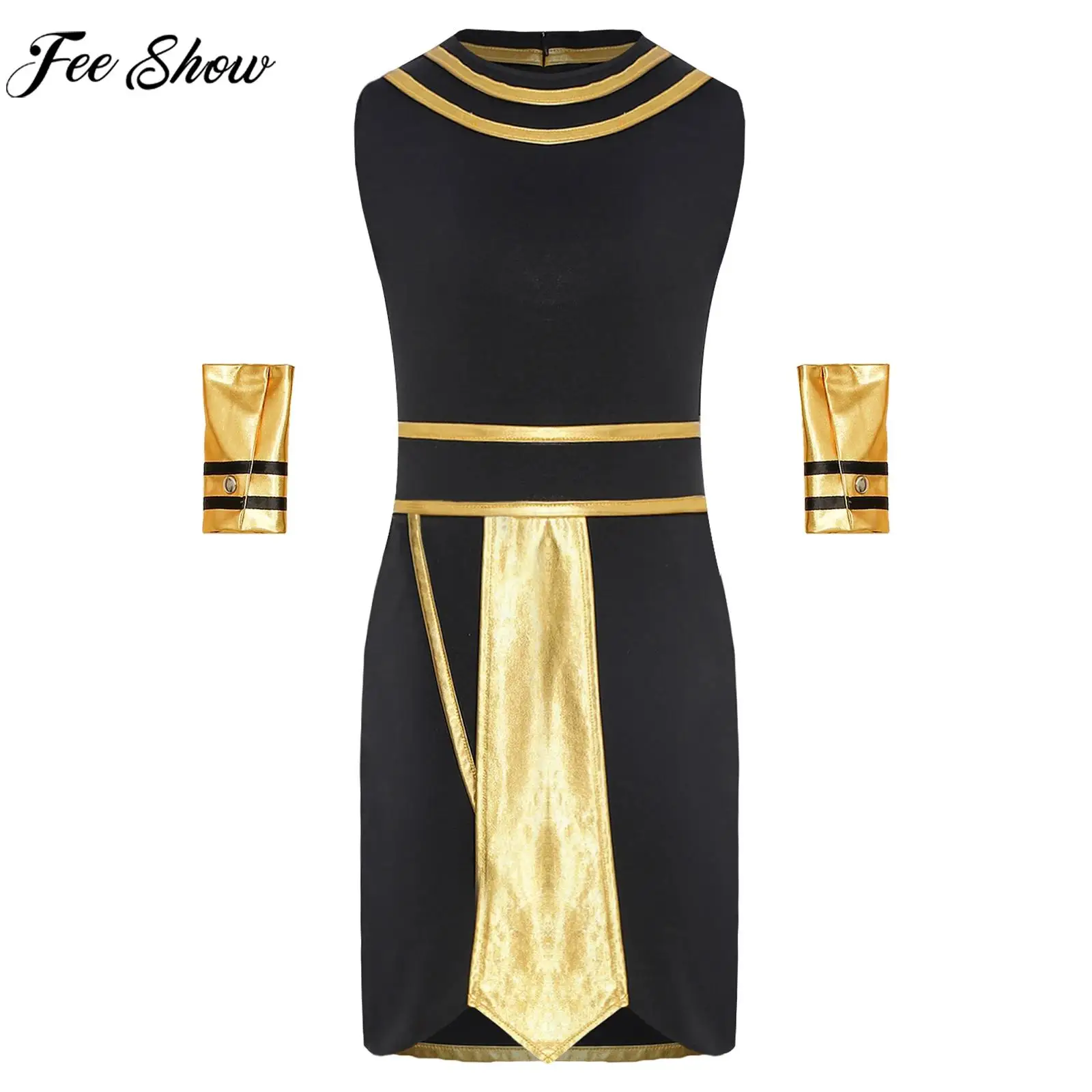 Kids Boys Halloween Egyptian Pharaoh Cosplay Performance Costume Ancient Egypt King Dress Up Clothes Sleeveless Robe with Cuffs