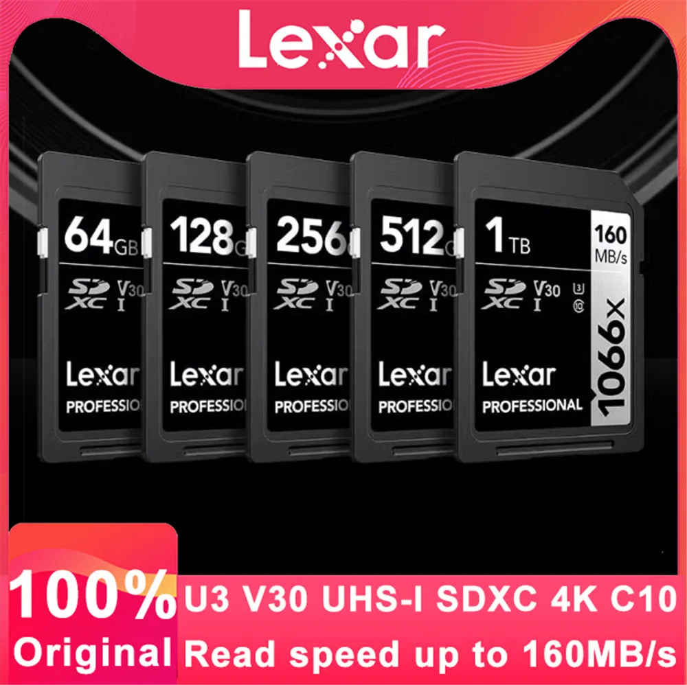 SD-карта Lexar 1066X, 160 Мб/с, 64 ГБ, 128 ГБ, 256 ГБ Lexar SD Card Original 1066X read up to 160 MB/s 64GB 128GB 256GB SDXC UHS-1 U3 V30 Flash Memory Card For 3D 4K Digital Camera