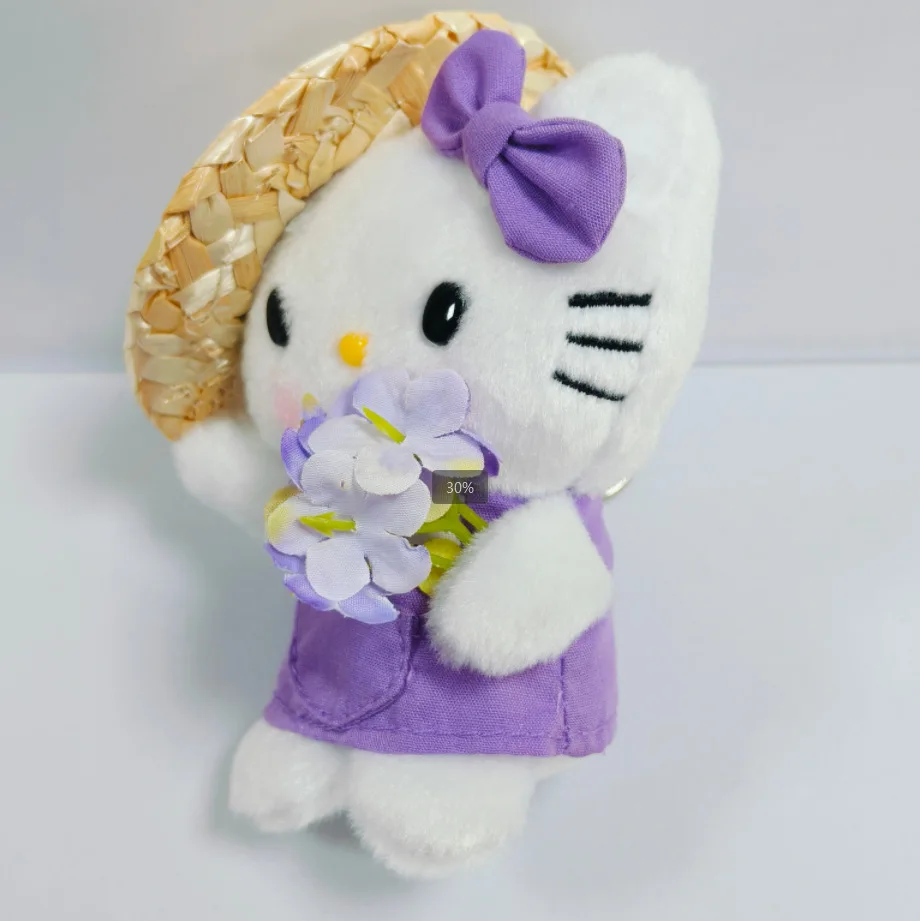 Hello Kitty Plush Doll Keychain Wearing A Straw Hat Kitty Stuffed Toys Pendant Keyring Children Bags Plushie Keychain