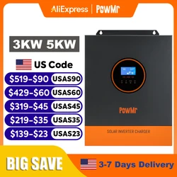 PowMr 3000W 5000W Hybrid Solar Inverter 24V 48V 110V Single Phase Pure Sine Wave Inverter with 80A MPPT Solar Charge Controller