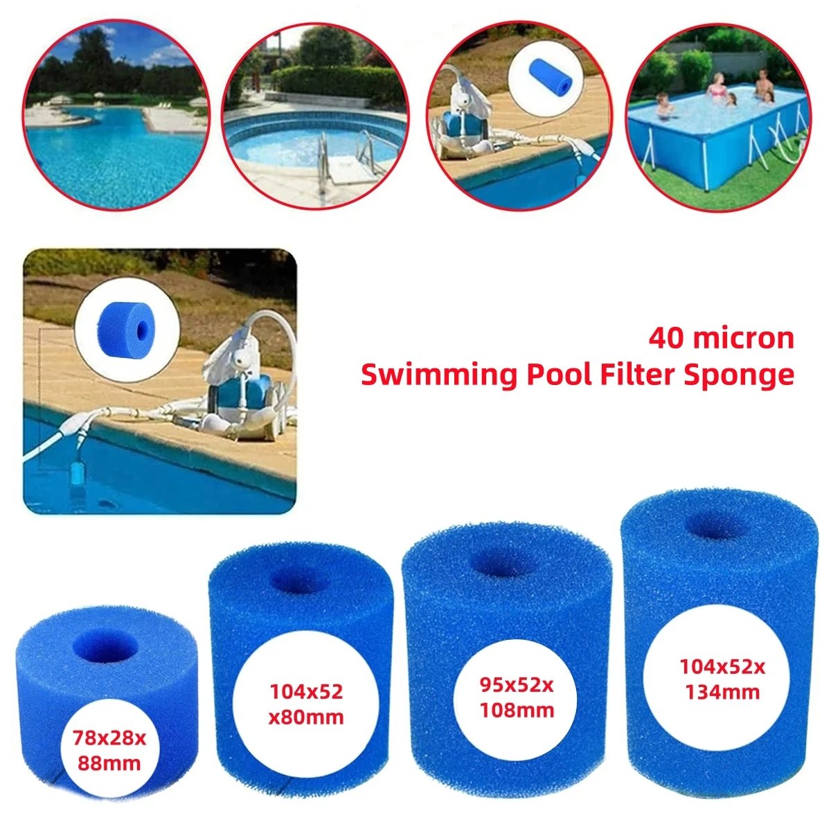 2Pcs Re-usable Pool Vacuum Cleaner Filter Blue Sponge Washable Foam Cartridge Swimming Pool and Spa Cartridge Filter Replacement