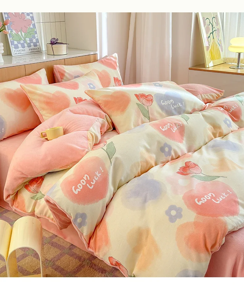 

2024 new cotton ground thickened milk fleece coral fleece bed four-piece set autumn and winter