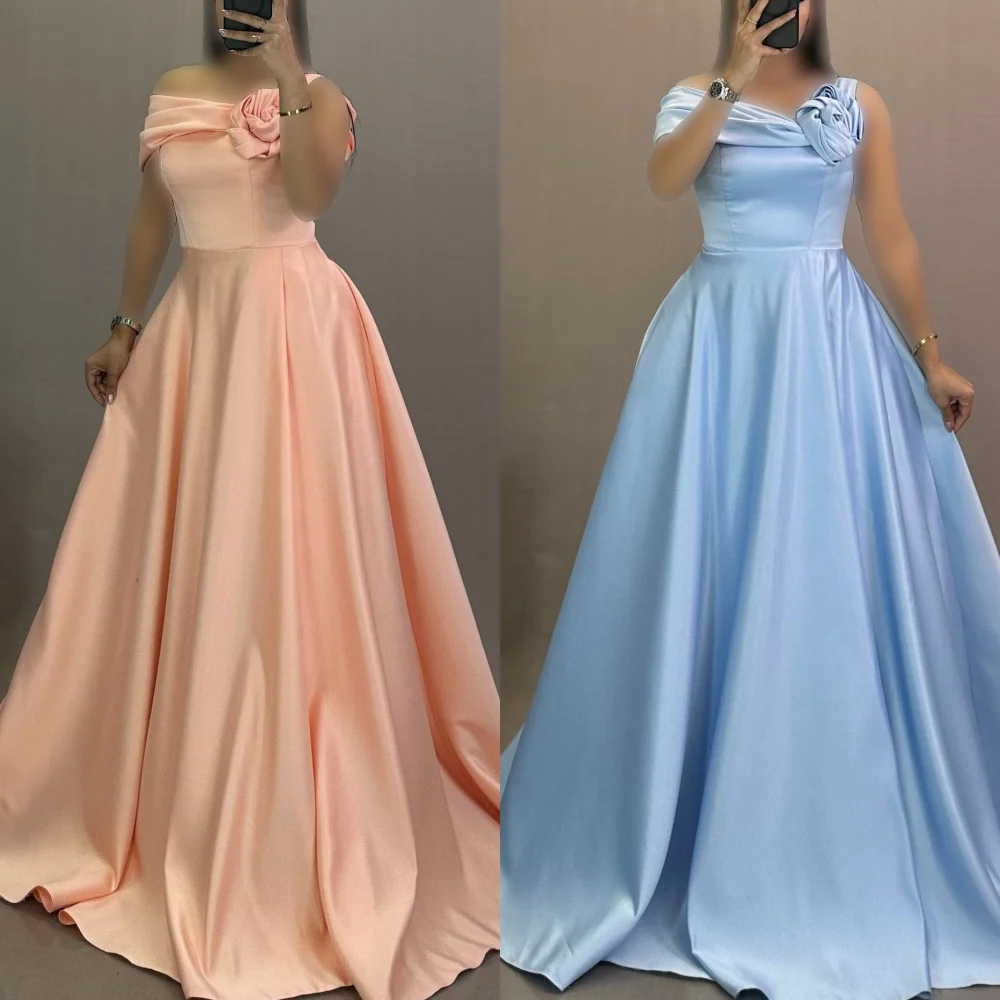 

Customized Fashion Simple Jersey Handmade Flower Pleat A-line Off-the-shoulder Long Dresses Bespoke Occasion Dresses Classic