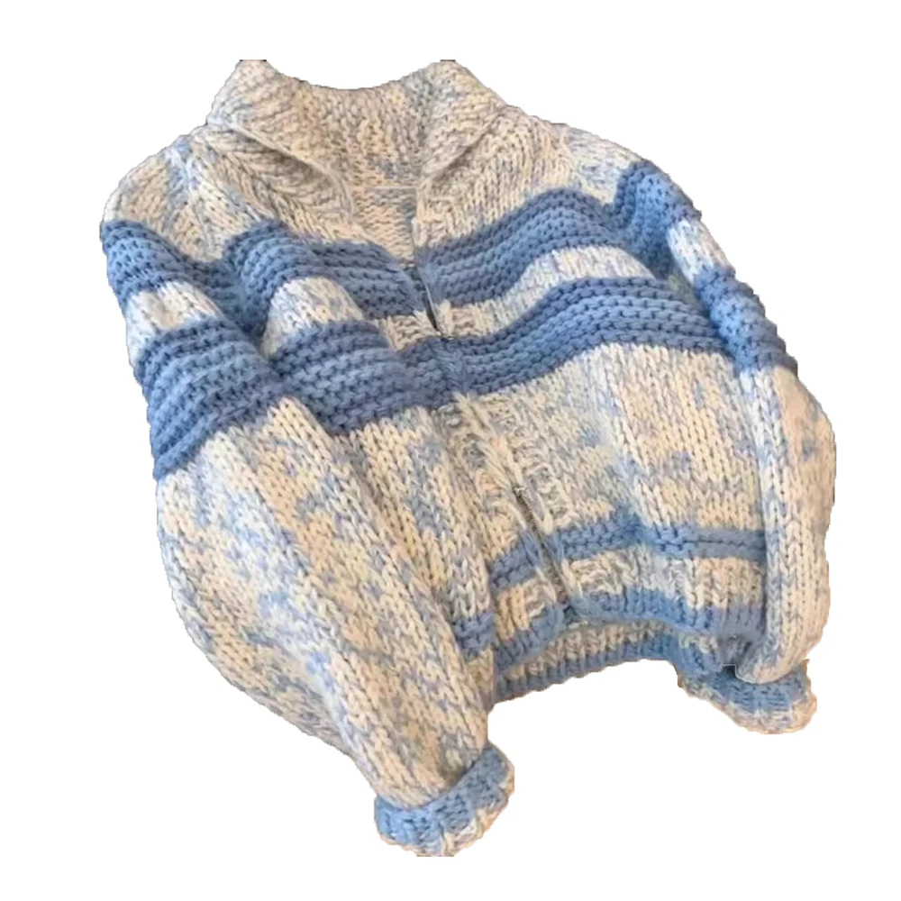 Cardigans de malha listrado azul vintage para mulheres coreano contraste turn down collar camisola casacos retro solto all-match outerwears