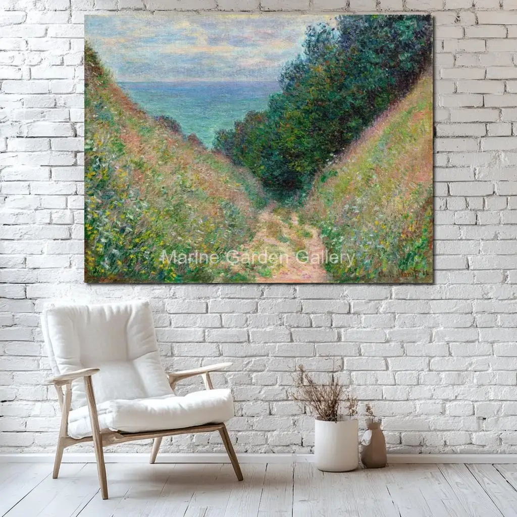 Large Oil Painting on Canvas Claude Monet Path Cavee Pourville Hand Painted Landscape Art for Kitchen Dining Room Wall Decor