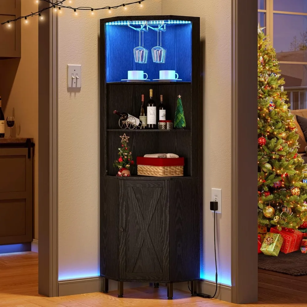 Corner Bar Cabinet with LED Lights & Glass Holder, 5 Tier Corner Shelf with Storage, Wine Rack Cabinet Display Shelves