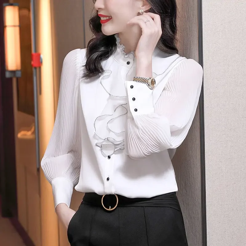 

Korean Versatile Autumn New Women's Solid Color Half High Collar Long Sleeved Shirt Fashion Ruffle Collar Temperament Top Z475