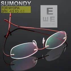 Blue Ray Blocking Photochromic Rimless Myopia Glasses Prescription -0.5 to -8.0 Women Men Ellipse Frame Index 1.61 or 1.67 UF171