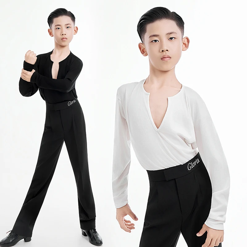

2025 Черные топы для латинских танцев для мальчиков, тренировочная одежда для ча-ча-румбы, топ для танцев с длинными рукавами и v-образным вырезом, детские брюки для латинских выступлений 4560