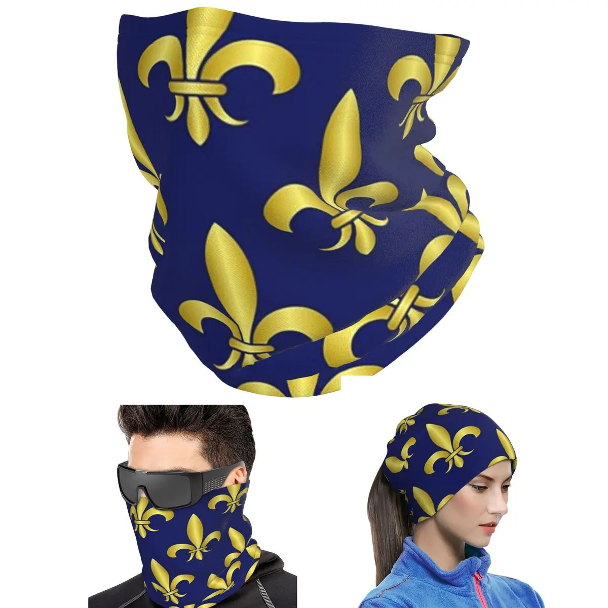 Gold Blue Fleur De Lis Royal Lily Bandana Neck Gaiter Printed Mask Scarf Hiking Fishing Balaclava Unisex Adult Washable