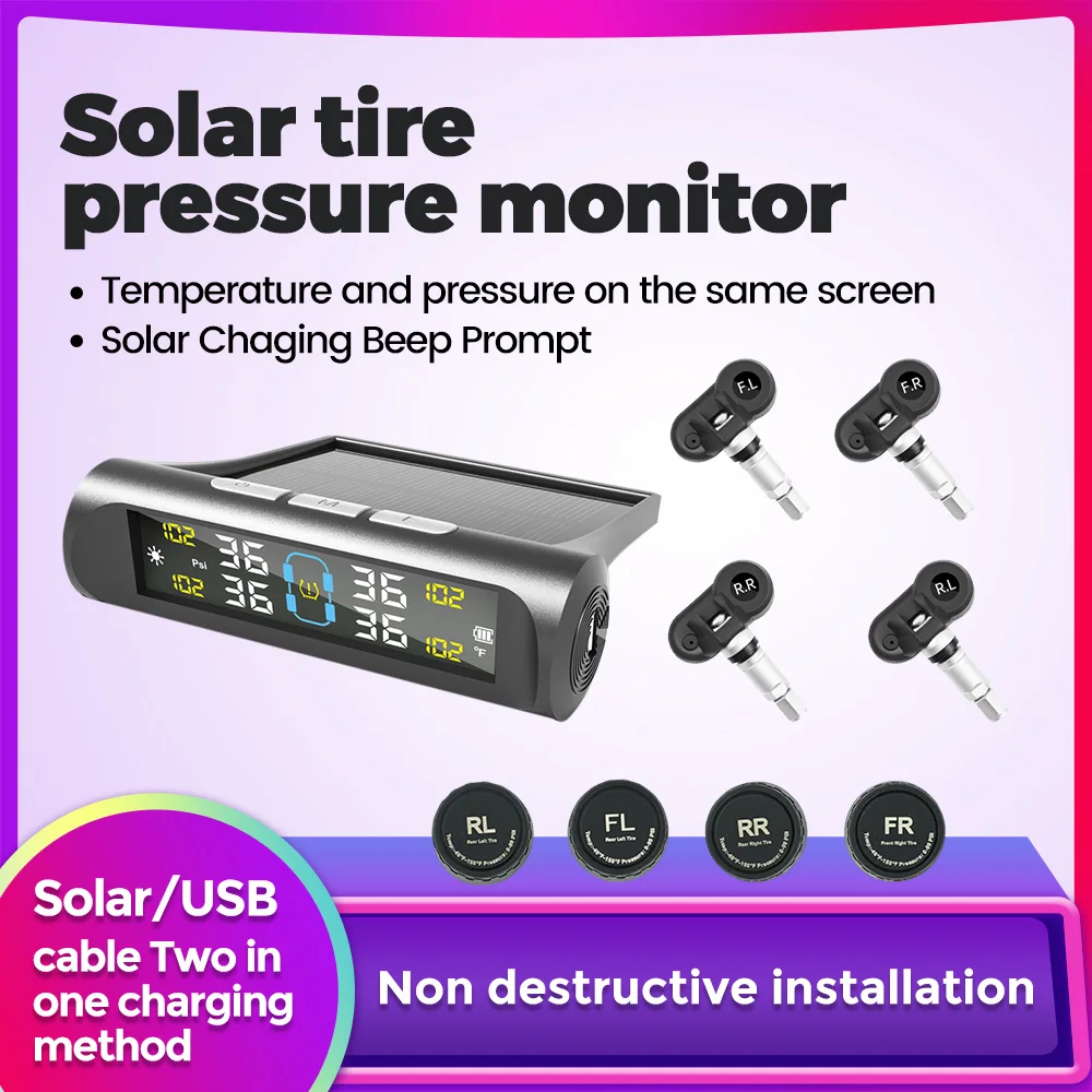 

Система контроля давления в шинах автомобиля с 4 внешними датчиками, питанием от солнечной энергии и USB-кабелем, монитор давления в шинах, сигнализация о давлении в шинах