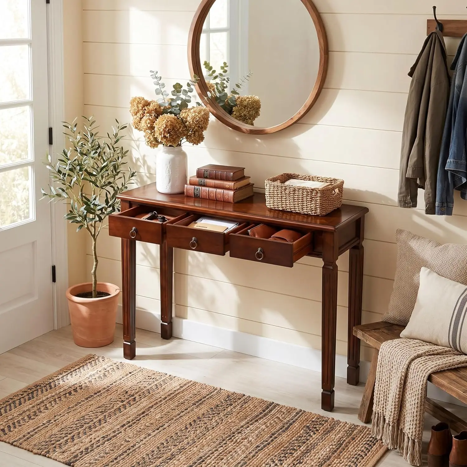 Vintage Wooden Console Desk with 3 Drawers 47.2
