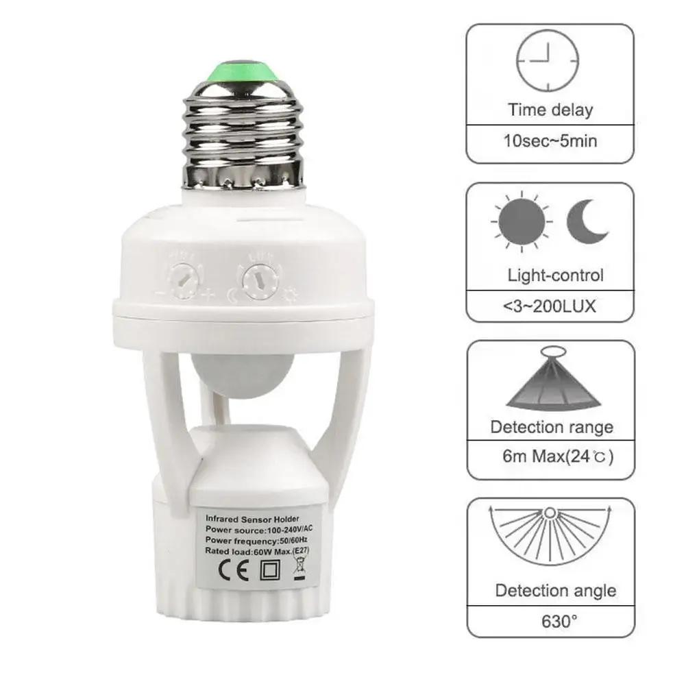 

White E27 Socket Converter With PIR Motion Sensor Wireless Induction LED Lamp Base Intelligent Switch Light Bulb Holder