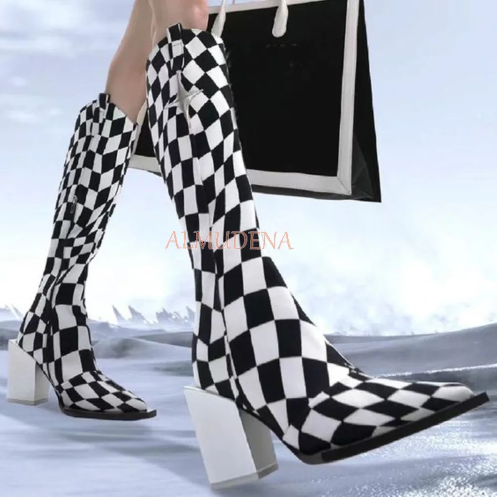 

Women Black and White Block Heeled Tall Boots Zipper Pointed Toe Mid Heels Checkerboard Knee High Boots Free Shipping Shoes 2023