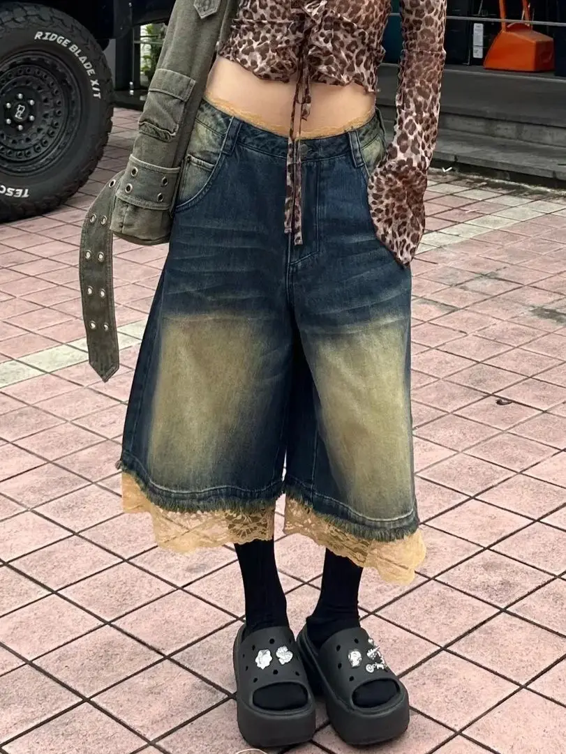 

American Retro Washed and Old Lace Splicing Denim Cropped Pants Women's Street Loose Baggy Jeans