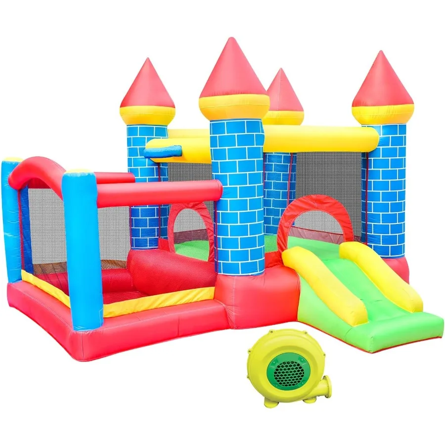 Opblaasbaar springkasteel, peuter springkasteel met glijbaan, opblaasbaar springkasteel met ventilator, springkasteel met balschieten f