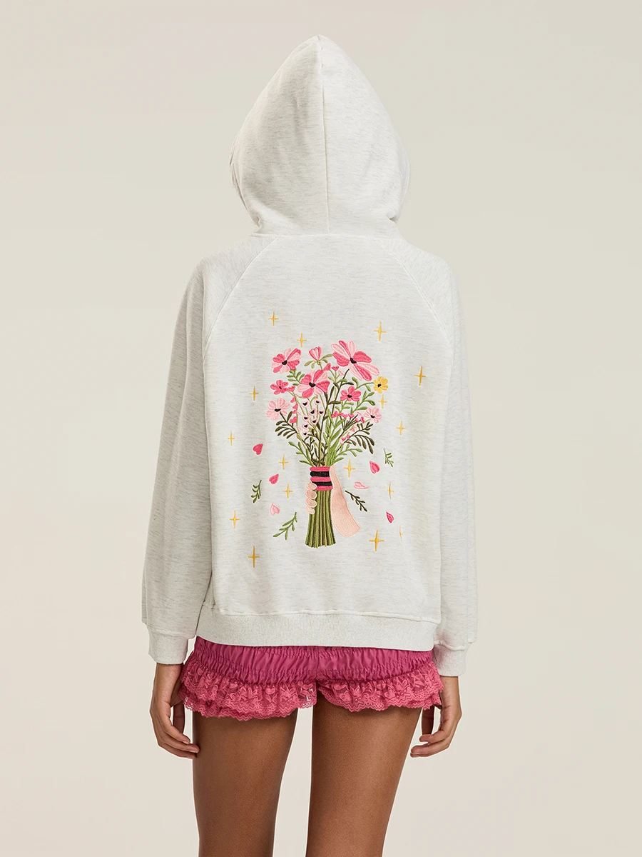 Moletom feminino oversized com capuz flor bordado costas manga comprida moletom com capuz com bolso frontal casual streetwear