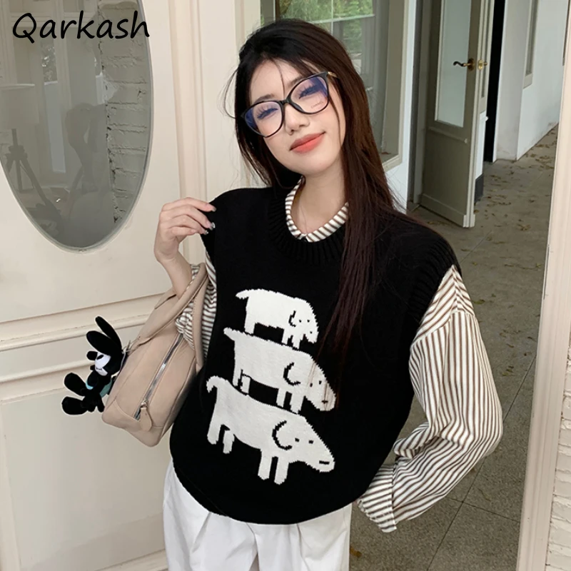 Kawaii Prints Sweater Vests for Women Autumn Preppy Style Girls Knitted Jumpers O-neck All-match Fashion Youths Harajuku Loose