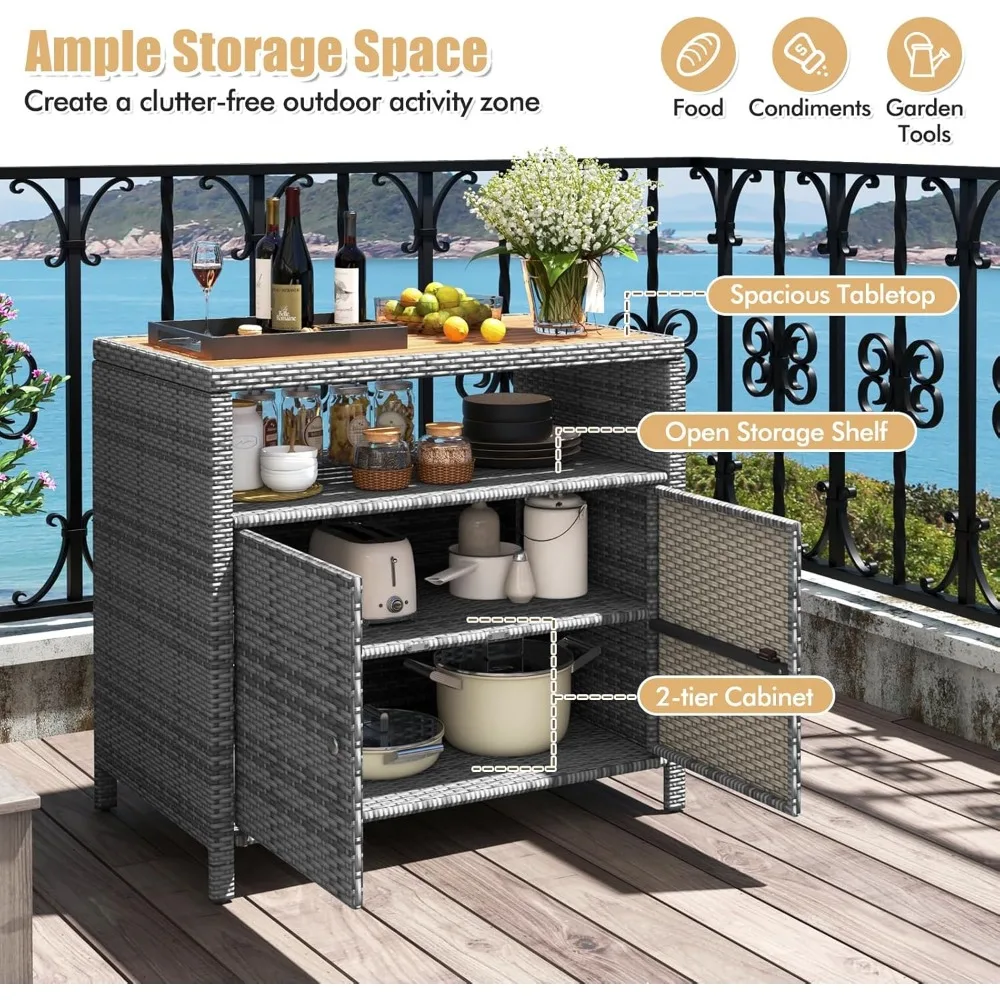 RELAX4LIFE Barschrank für den Außenbereich aus Korbgeflecht – PE-Rattan-Terrassen-Bartisch mit Arbeitsplatte aus Akazienholz, offenes Regal und 2 Türen, Buffet-Sidebox