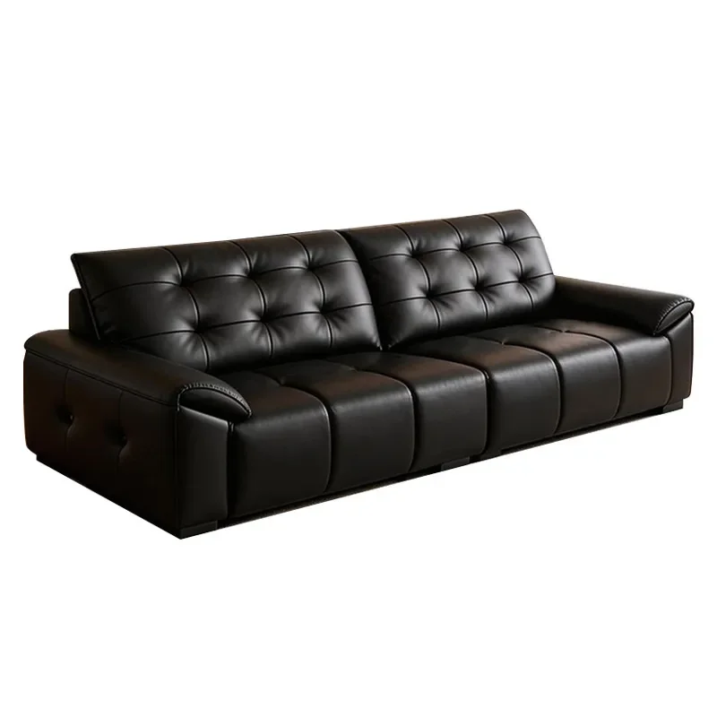 Italian Black Leather Sofa High Backrest Top Grain Cowhide Straight Couch Modern Living Room Furniture Durable Stitching