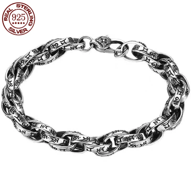 S925 Sterling Silver logo Bracelet Biker Punk Rock Chain Chrome Retro style jewelry for men and women personality charm bracelet