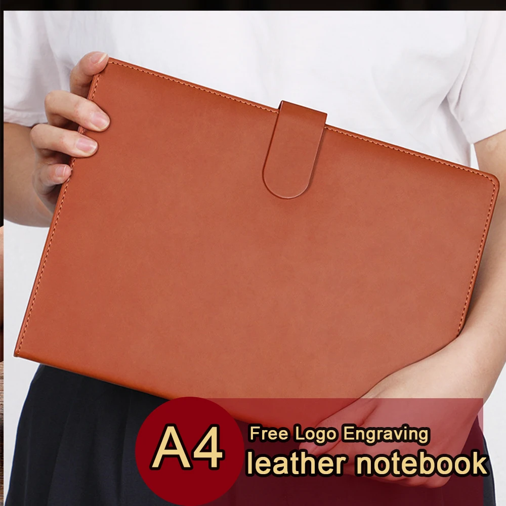 (Free Logo Engraving) A4 Business Oversized Notebook, Leather Cover Notepad, Meeting Minutes, Customized Chemical Student Diary