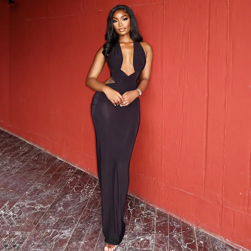 halter dress hair up or down Black Neck Bodycon Women Streetwear neckline hairstyles for dress types