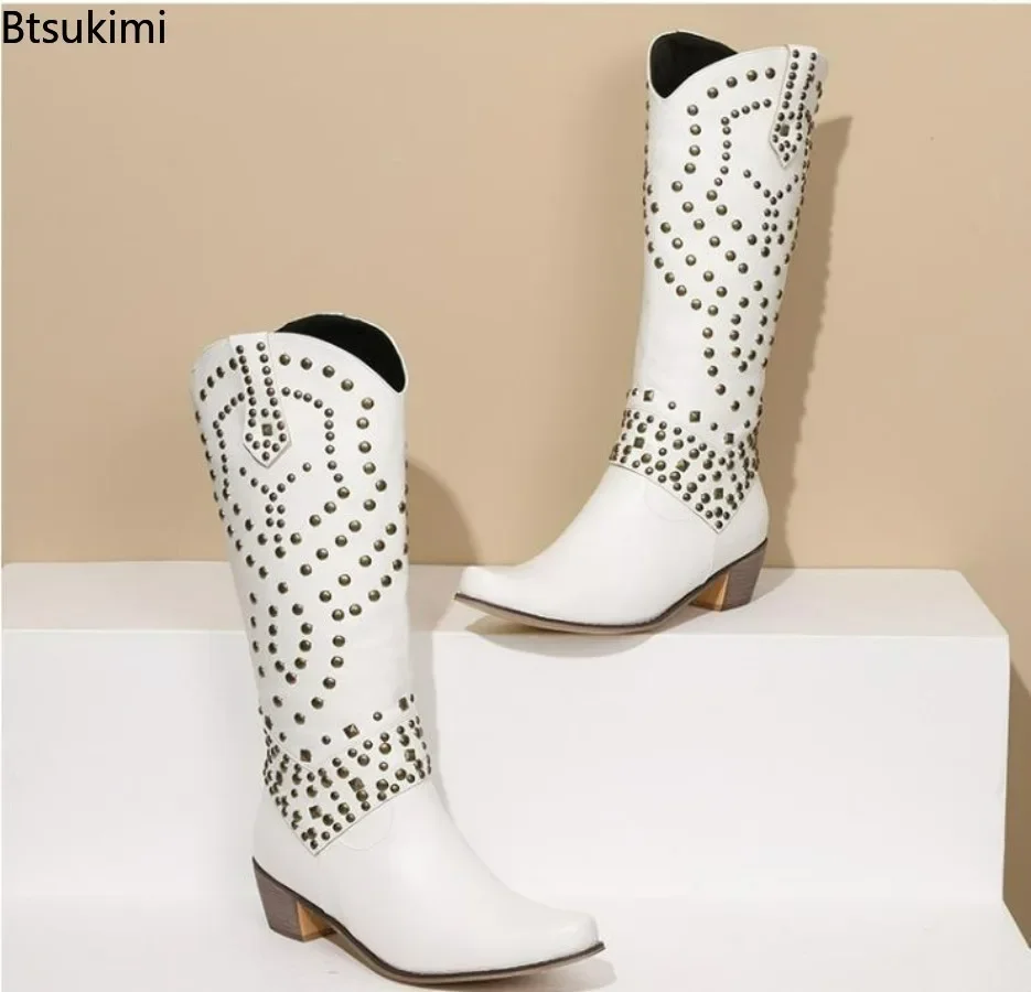 New 2024 Women\'s Fashion Knee High Boots Rivets Design Low Heel Western Cowboy Boots Female Slip on Retro Ladies Shoes Plus Size