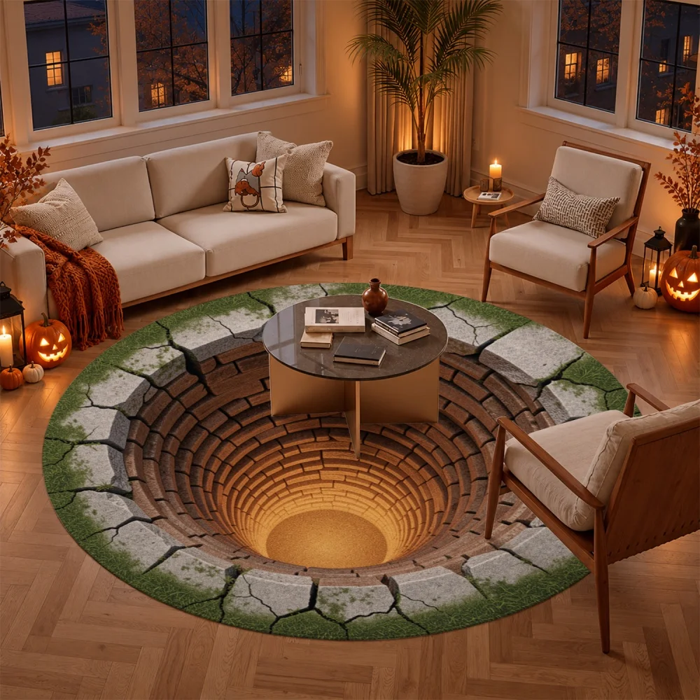 Stylish Halloween Cracked Brick Pit Optical Round Area Rug Spooky Well Pattern Floor Mat Carpet for Living Room Party Home
