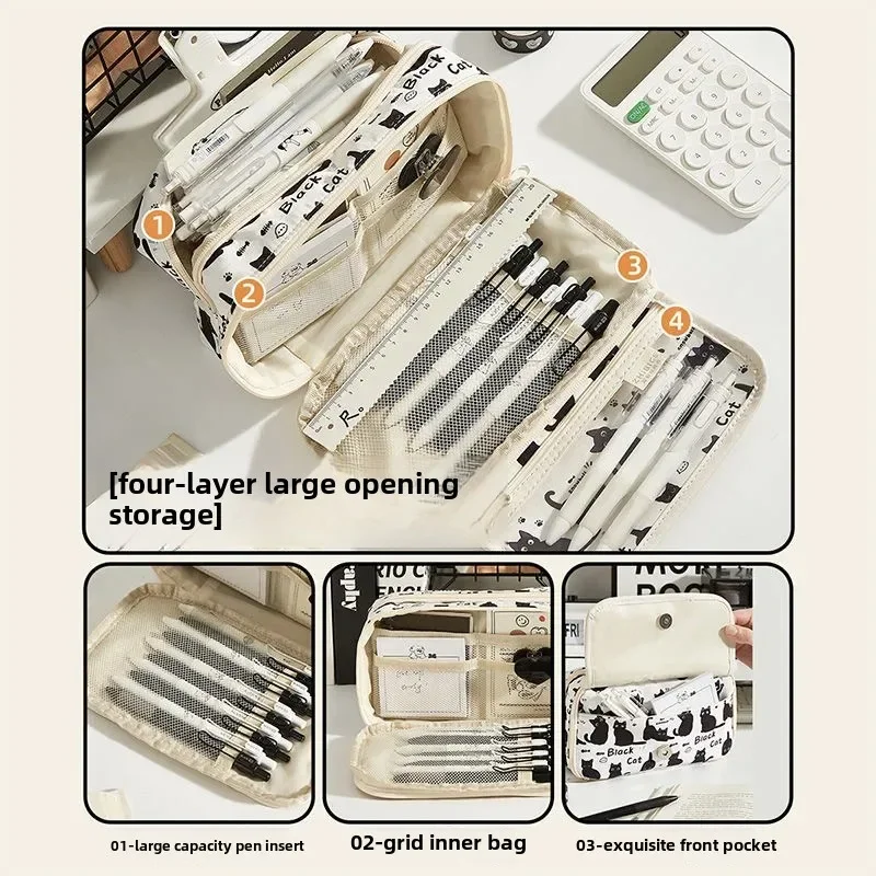 透明大容量鉛筆ケース女子学生韓国語バージョン多層文具バッグイン黒猫痛み鉛筆バッグ