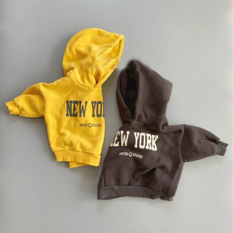 2021 Winter New Fashion Letter Print Baby Fleece Hoodie Toddler Boy Long Sleeve Warm Hooded Sweatshirt Baby Plus Velvet Hoodie