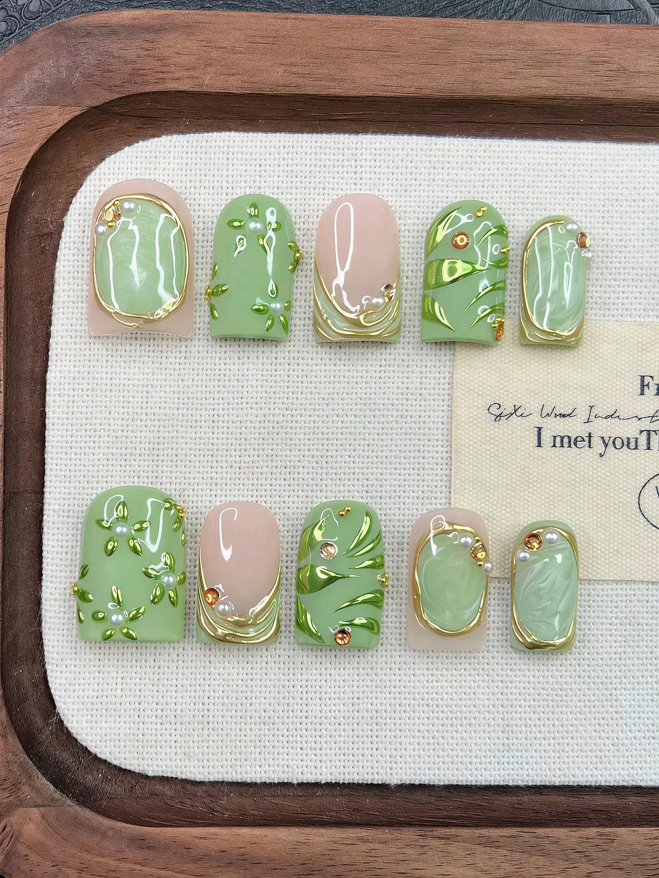 

10pcs Y2K Nails Pipe-Shaped Press On Nails Set - Handcrafted, Pink Nails, Green Nails, Green French Tip Nails, Handmade 3D Flowe