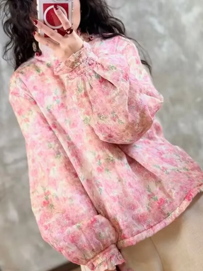 

Ele Fre Cotton Jaet Autumn Winter New Sle Warm Flax Lace Detail Anti-Aging Top Women's Faion Sweet Sle Straight...