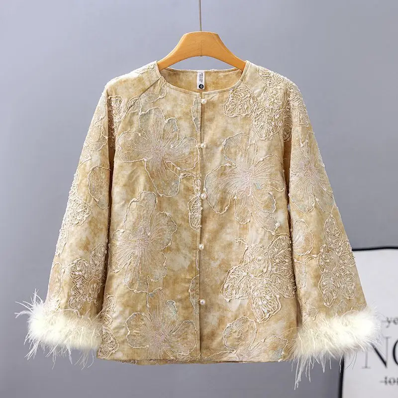 Vintage Coat Floral Embroidery Pearls Buttons Feathers Patchwork Long Sleeves Jacket Women Tops Spring Autumn Outerwear Harajuku
