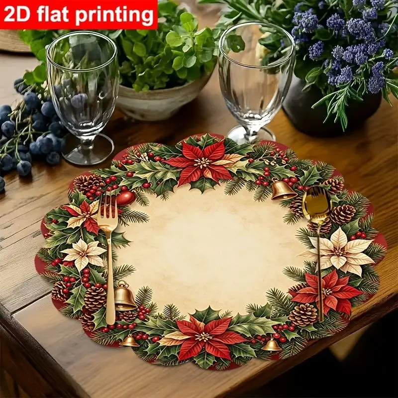 VIKAMA Holiday Poinsettia Pinecone Chime Wreath Placemat Cream Canvas Petal Edge White Flower Amber Jingle Berry Xmas Table Mat