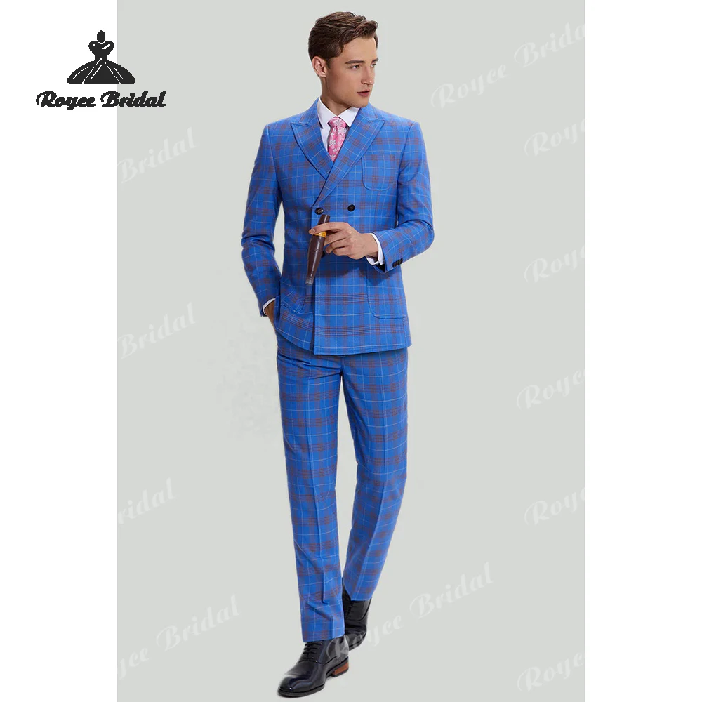 Three Piece Blue Plaid Men's Wedding Suit 2026 Peak Lapel Double Breasted Evening Business Prom Suit costume homme mariage