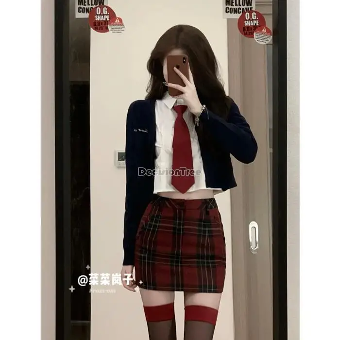 2023 new korea women jk uniform short v-neck navy blue cardigan + white shirt + red plaid tight skirt three pieces fashion set