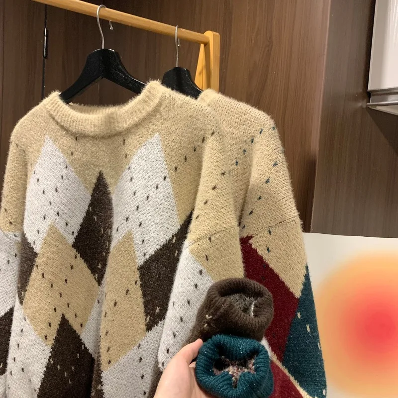 2025 New Men's Argyle Pattern Sweater Retro Color Block Knitwear Loose Fit Unisex Knit Top Fashion Christmas Sweater