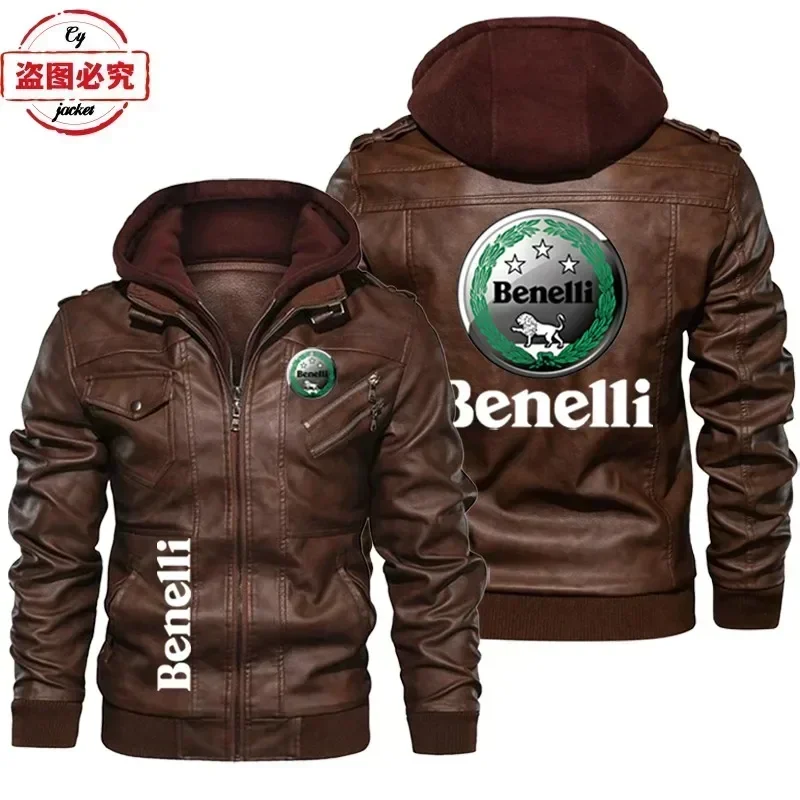 European size Benelli Motorcycle Logo Leather Jacket Vintage Washed PU Leather Jacket Windproof Men's Hooded Jacket Team Outfit