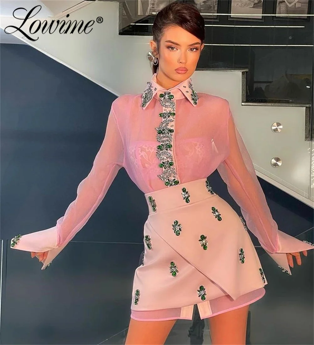 Lowime moderno rosa vestido de festa 2022 personalizado manga longa vestidos de noite curto vestido de aniversário das mulheres vestidos de baile cristais frisados