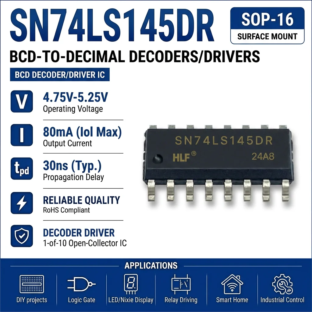 (25 pcs) SN74LS145N DIP-16 / SN74LS145DR SOP-16 SN74LS145 BCD-to-Decimal Decoder/Driver Open Collector