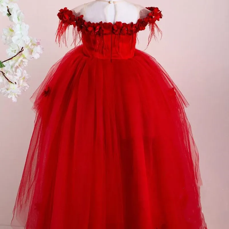 Puffy Red Flower Girl Dress Floral Tulle Applique Feather Ball Gown Wedding Kids Birthday Event Party Pageant Dresses