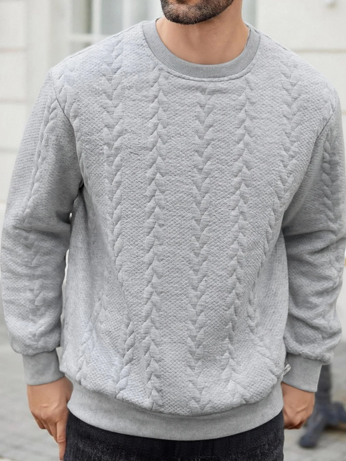 Winter Knitted Men's Long Sleeve Solid Color Crewneck Pullover Sweatshirt Anti-pilling Polyester/Cotton