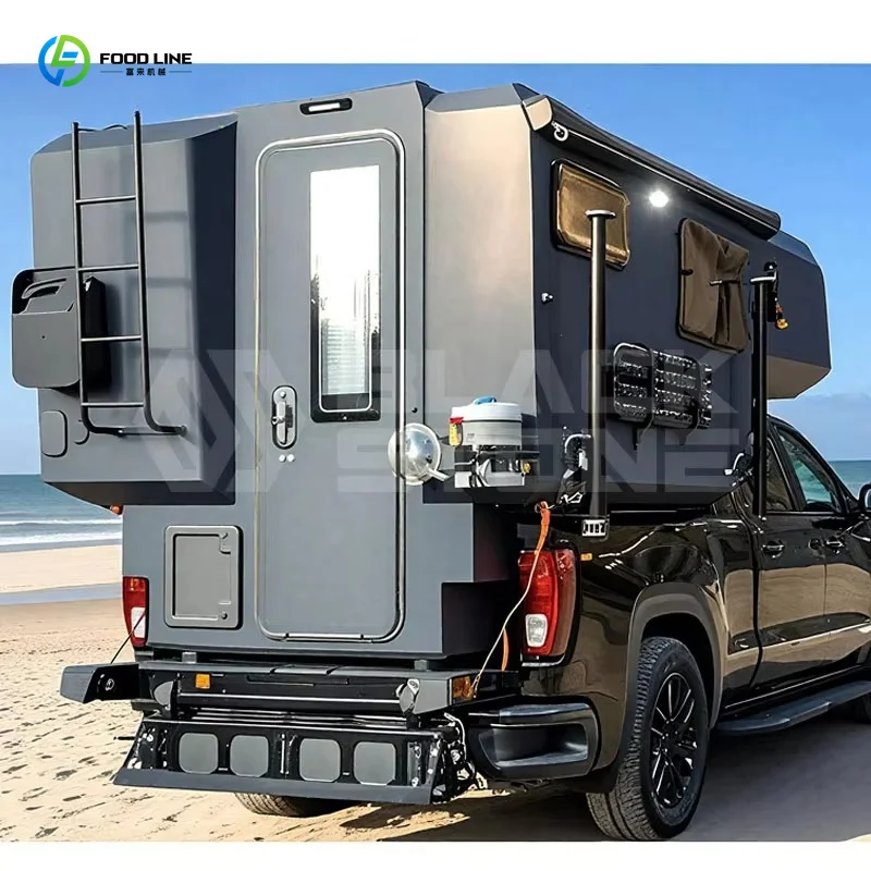 4X4 Slide-In Pickup Truck Camper with Collapsible Roof & Roof Awning, Lightweight Off-Road Trailer for Outdoor Camping Trips