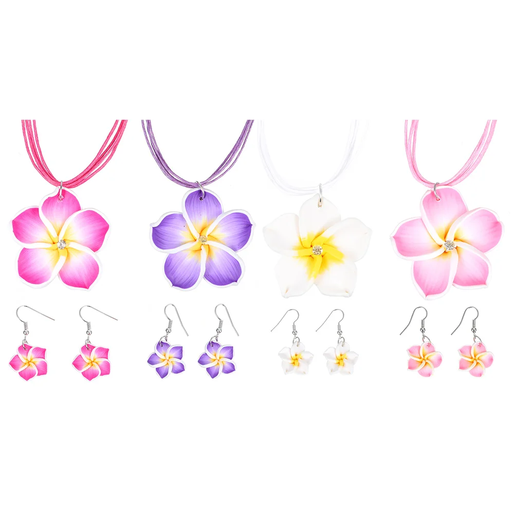 4 Sets Frangipani Accessories Necklace and Earrings Plumeria Luau Party Jewelry Costume Hawaiian Clay Flower