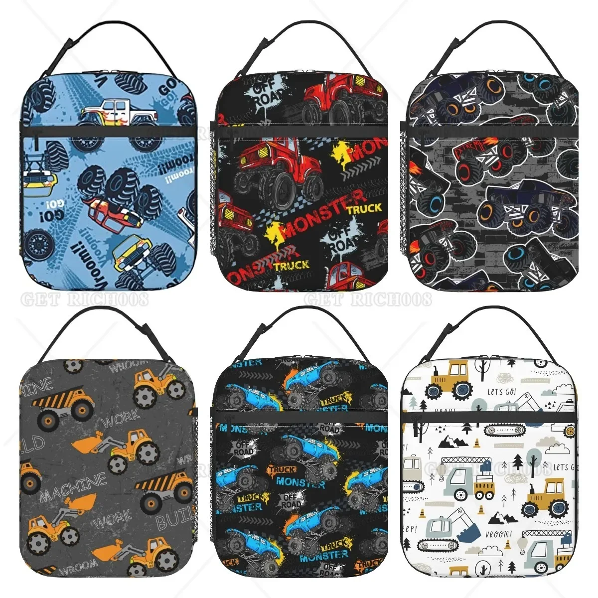 Monster Truck Cars Pattern Lunch Bag Insulated Portable Reusable Lunch Box with Zipper for Women Men Picnic Beach for Kids