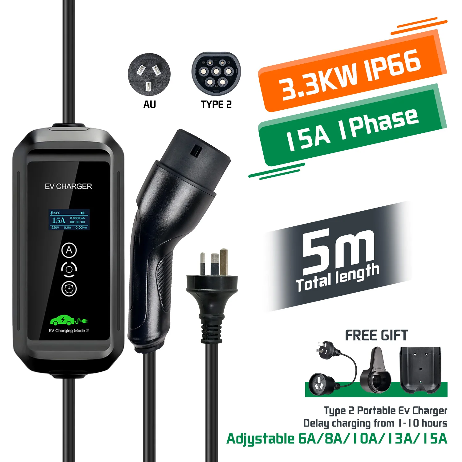 

ISIGMA 6/8/10/13/15A Adjustable 3.3KW Type2 EV Charger For Type2 Cars Charging With AUNZ Plug 220V 5m Long IP 66