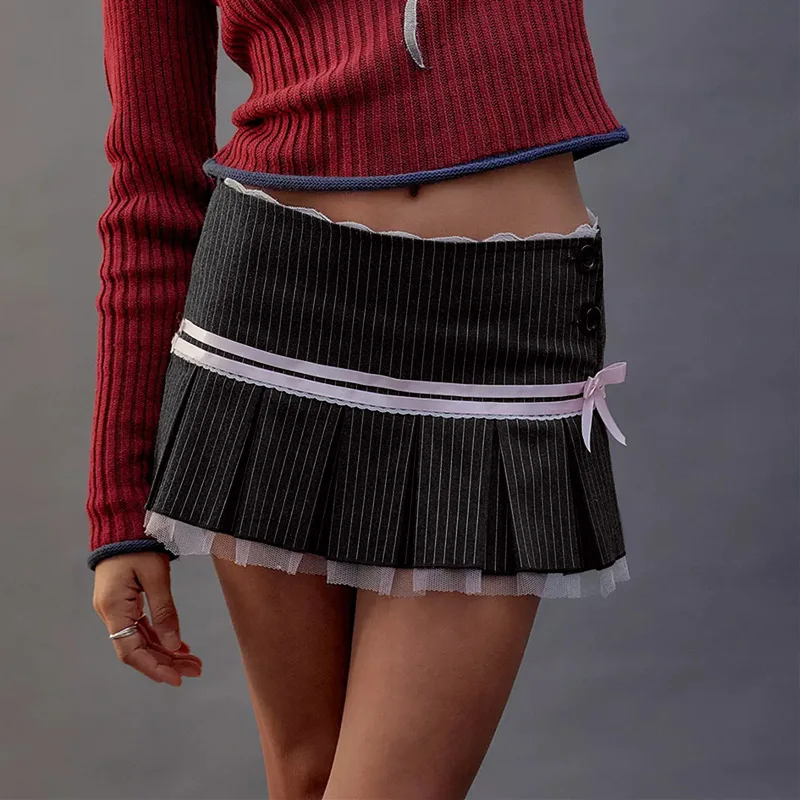 Stripe Print Pleated Skirt Aesthetic Lace Patchwork High-waist Skirt Y2K Academic Style Streetwear Cute Sweet Skirt